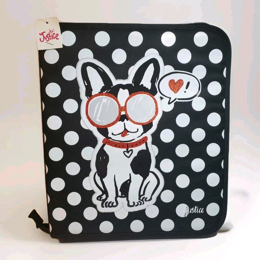 Justice French Bulldog Love Girl Power Polka Dot - Zip 3 Ring Binder & 2 Folders